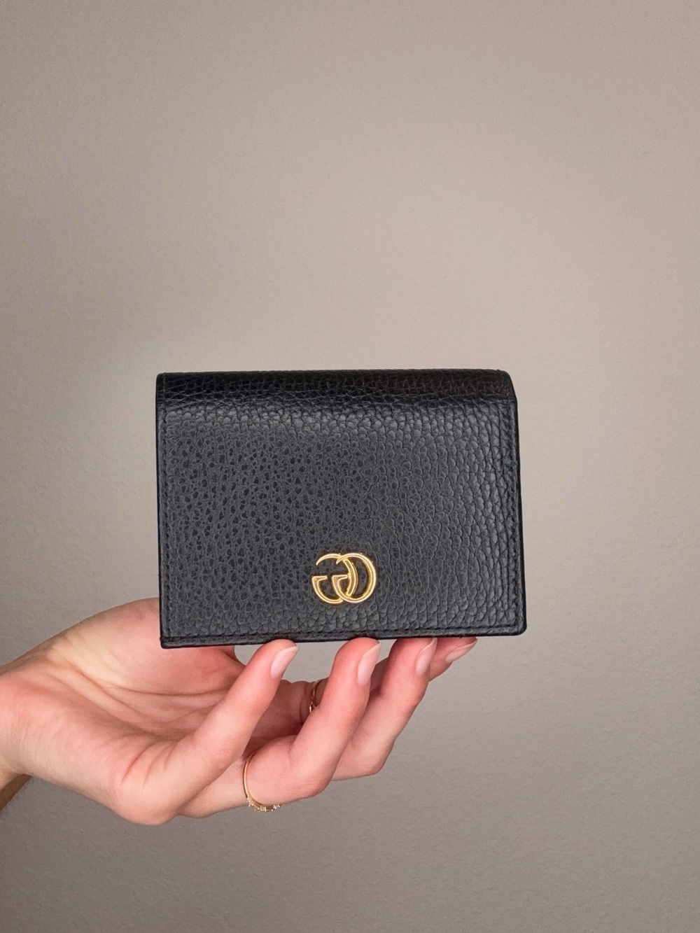 Gucci Black Pebbled Leather Card Holder with Gold GG Hardware